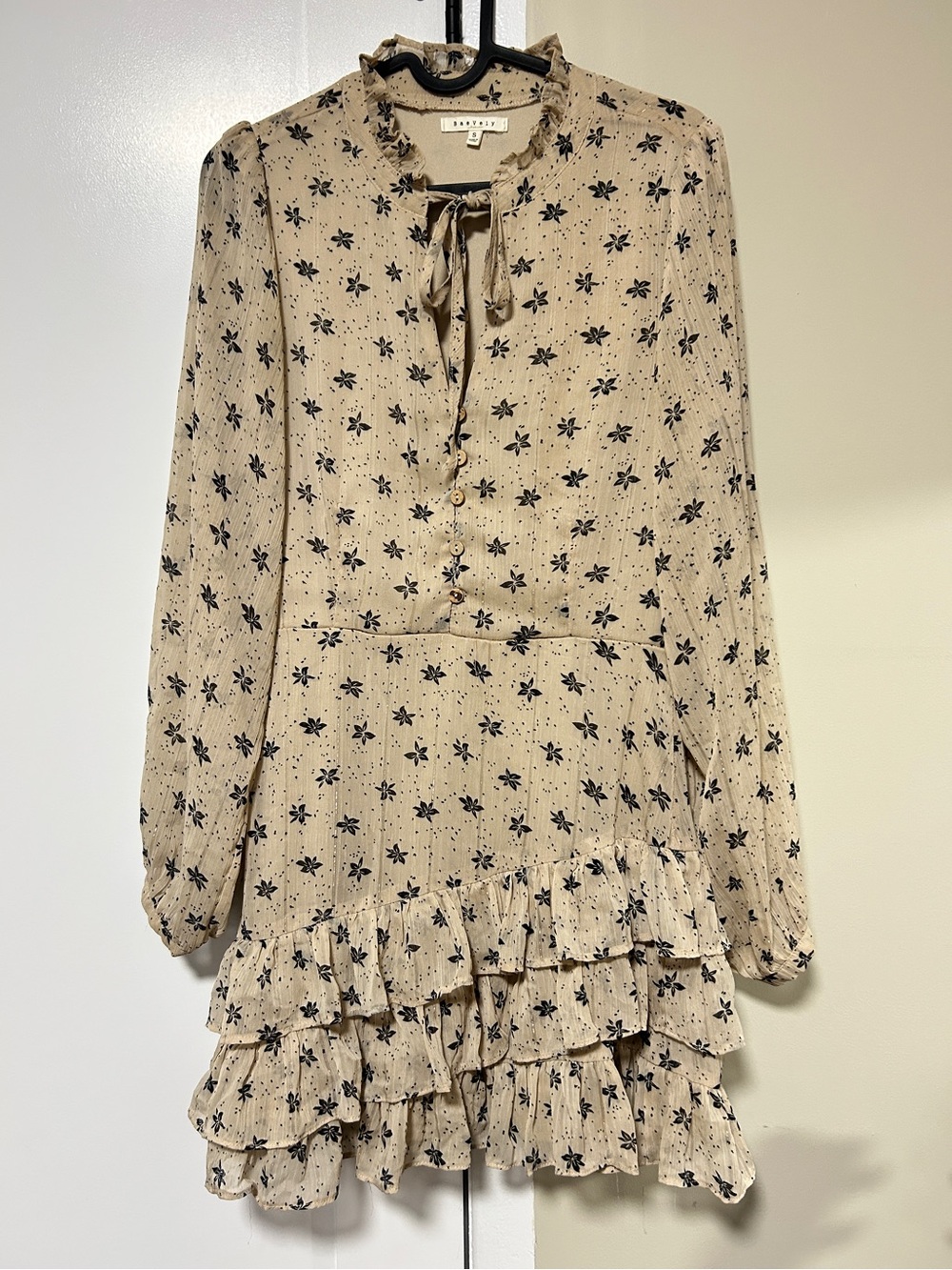 BAEVELY Beige Dress with Navy Floral Print and Ruffles